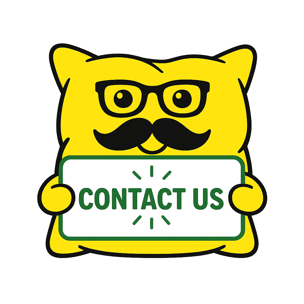 PillowTax mascot holding a Contact Us sign